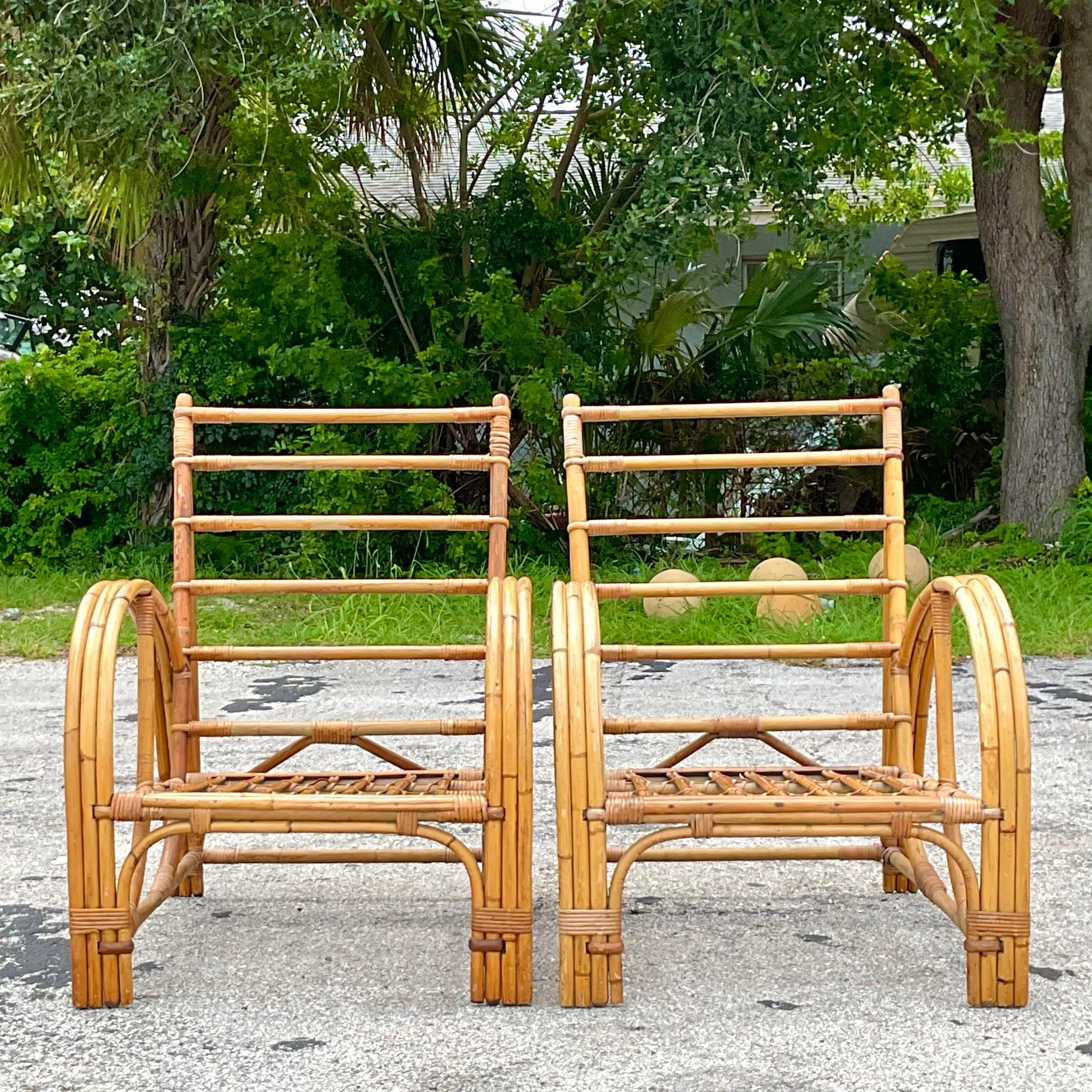 20th Century Vintage Coastal Bent Bamboo Arch Lounge Chairs - a Pair For Sale