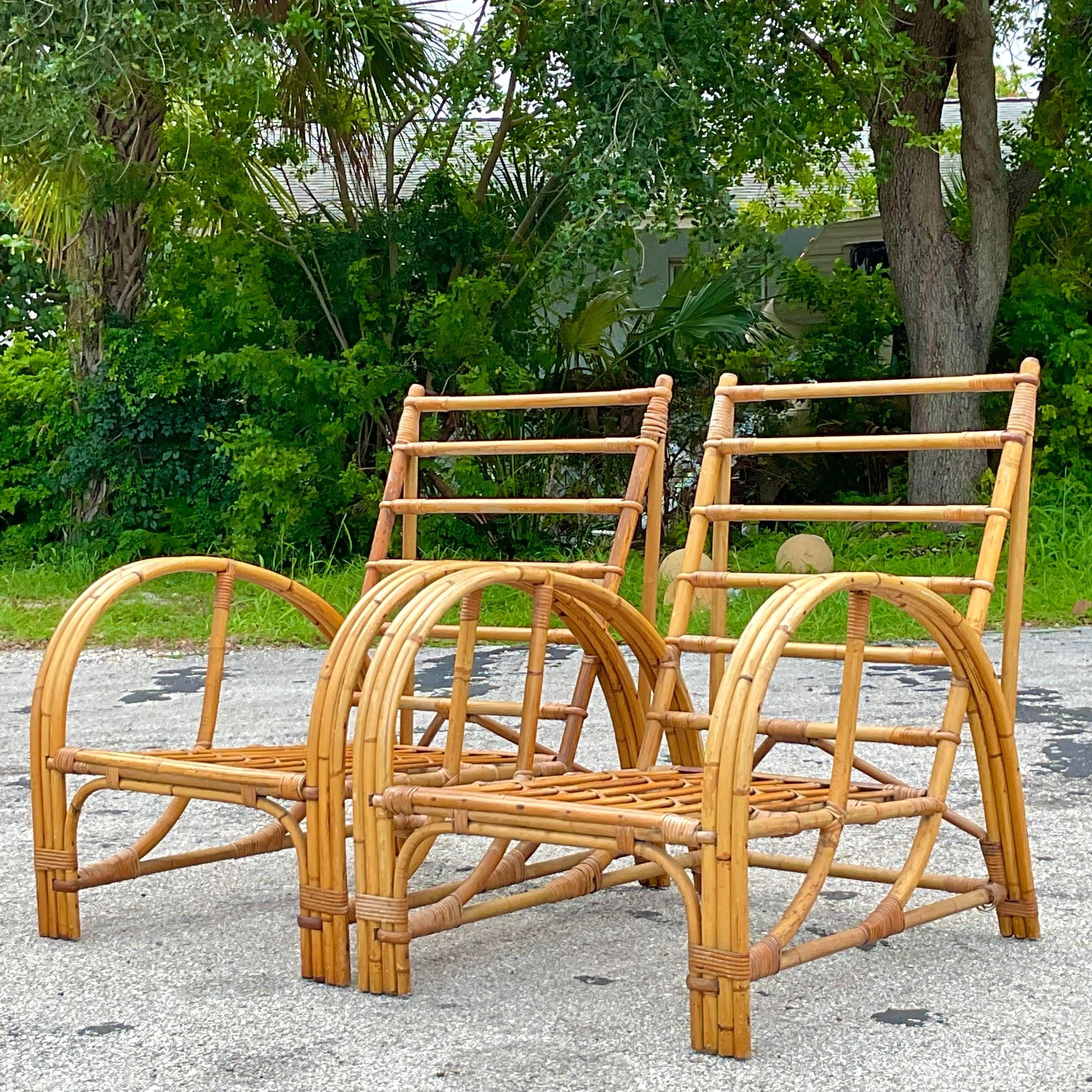 Upholstery Vintage Coastal Bent Bamboo Arch Lounge Chairs - a Pair For Sale