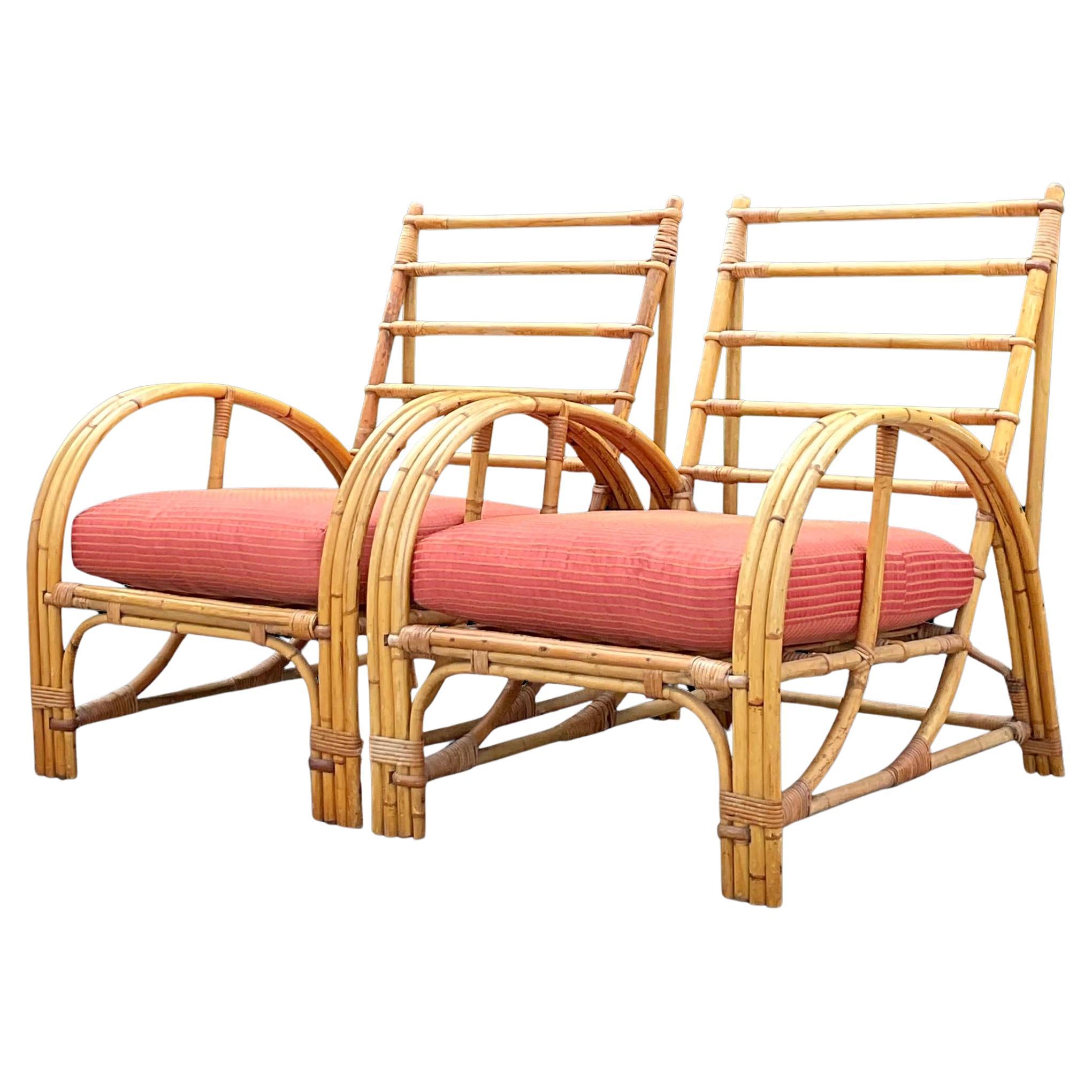 Vintage Coastal Bent Bamboo Arch Lounge Chairs - a Pair