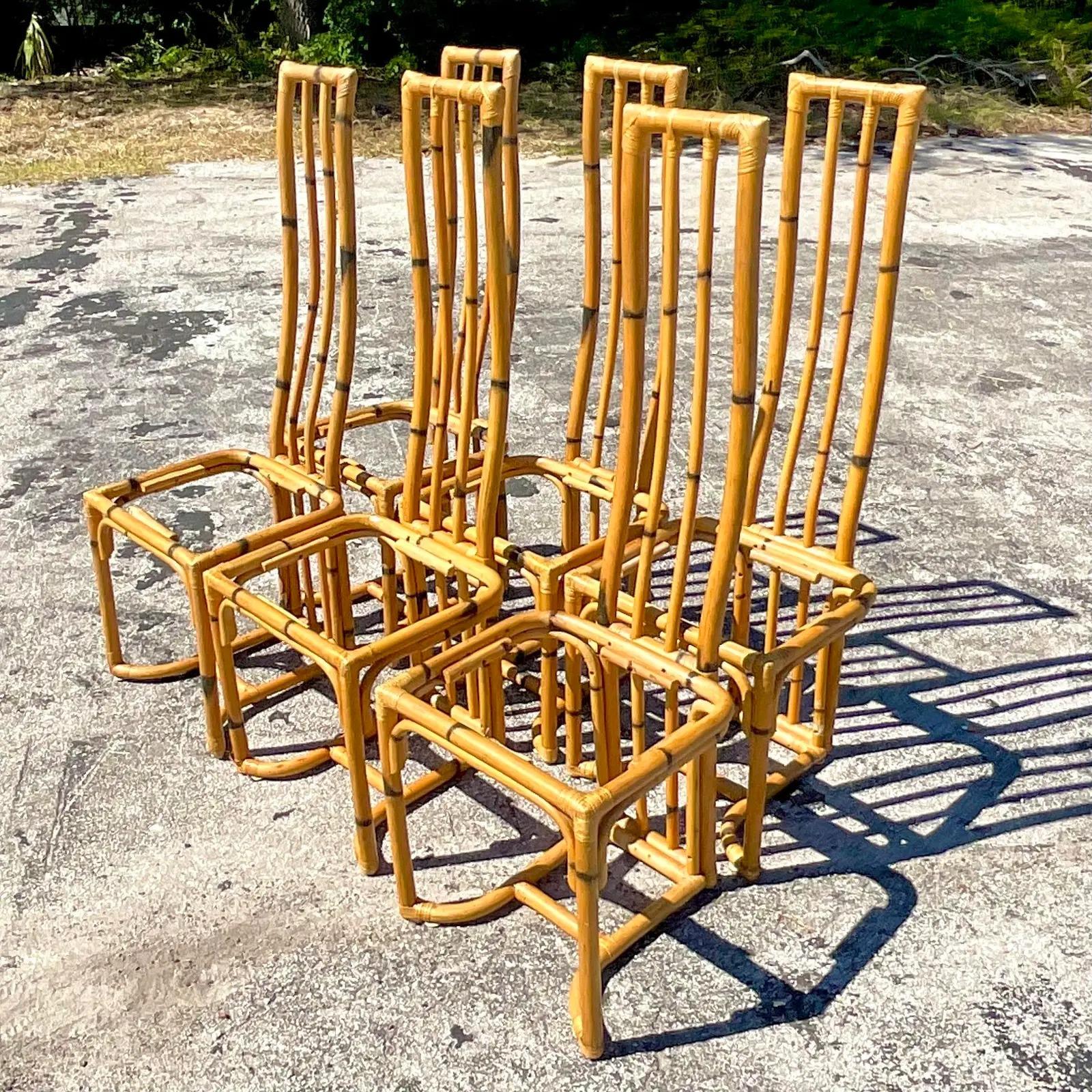 Philippine Vintage Coastal Bent Bamboo Dining Chairs - Set of 6