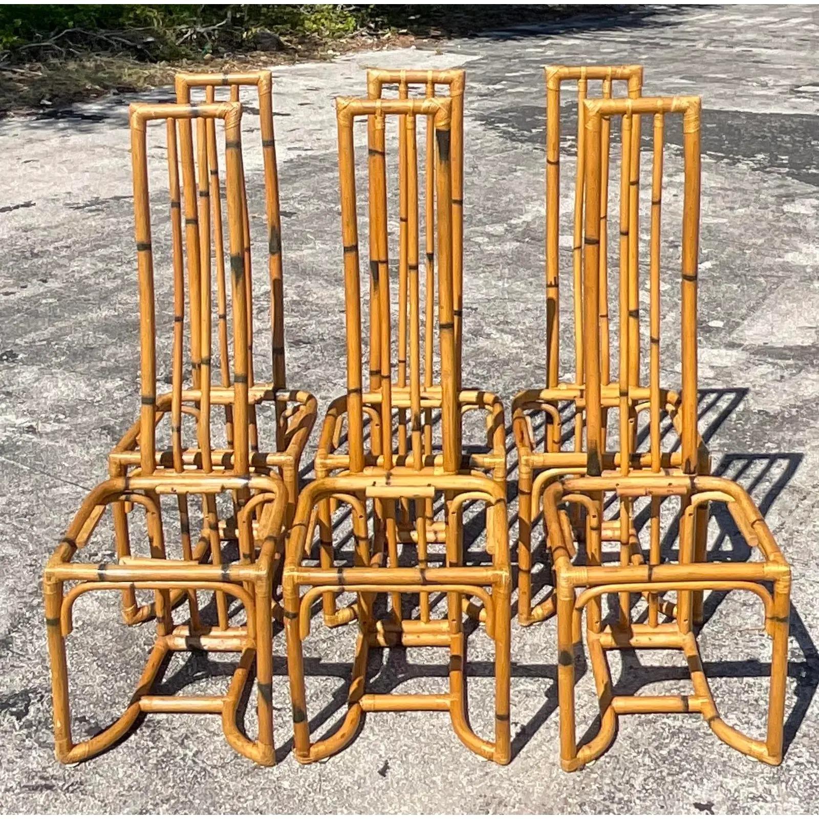 Vintage Coastal Bent Bamboo Dining Chairs - Set of 6 In Good Condition In west palm beach, FL