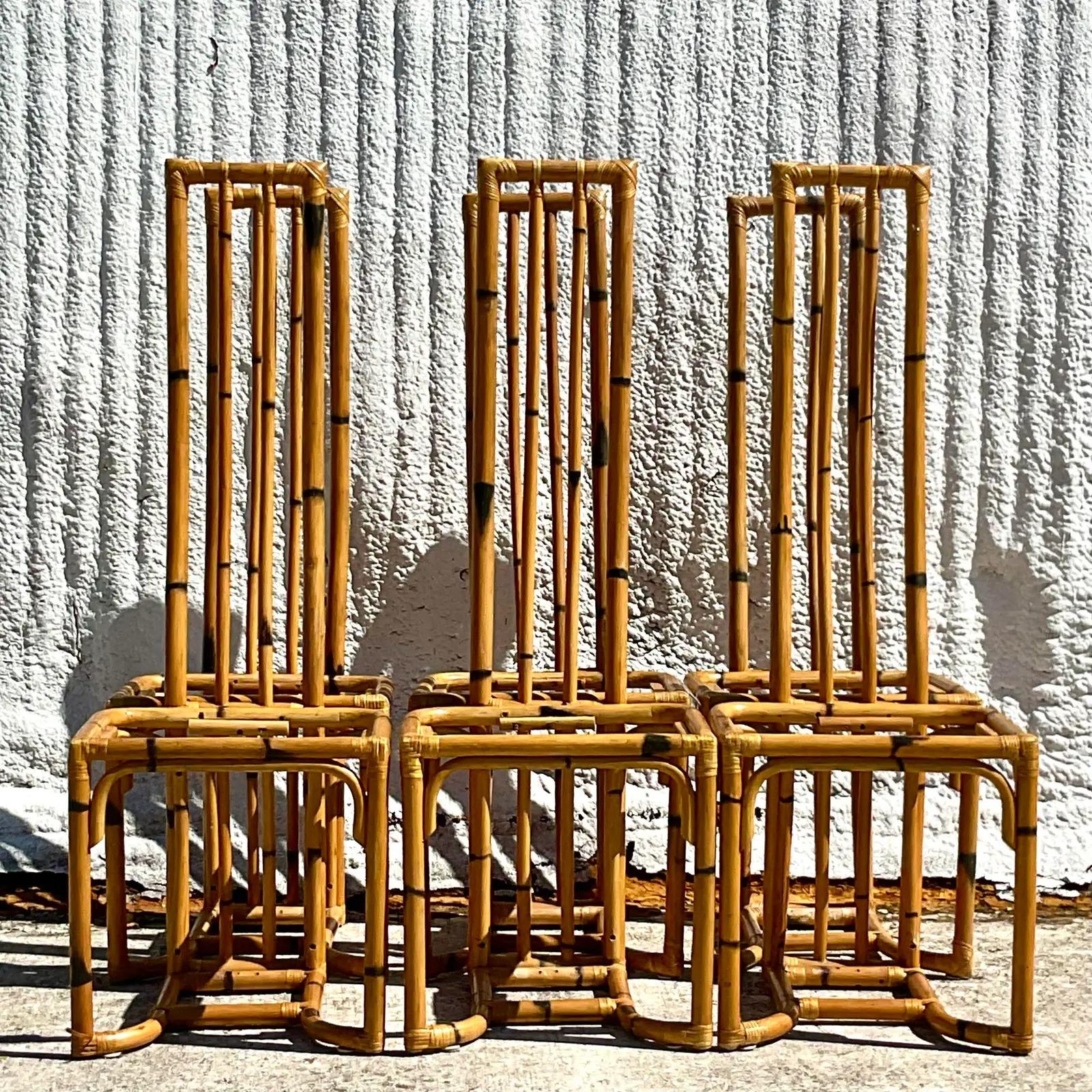 20th Century Vintage Coastal Bent Bamboo Dining Chairs - Set of 6