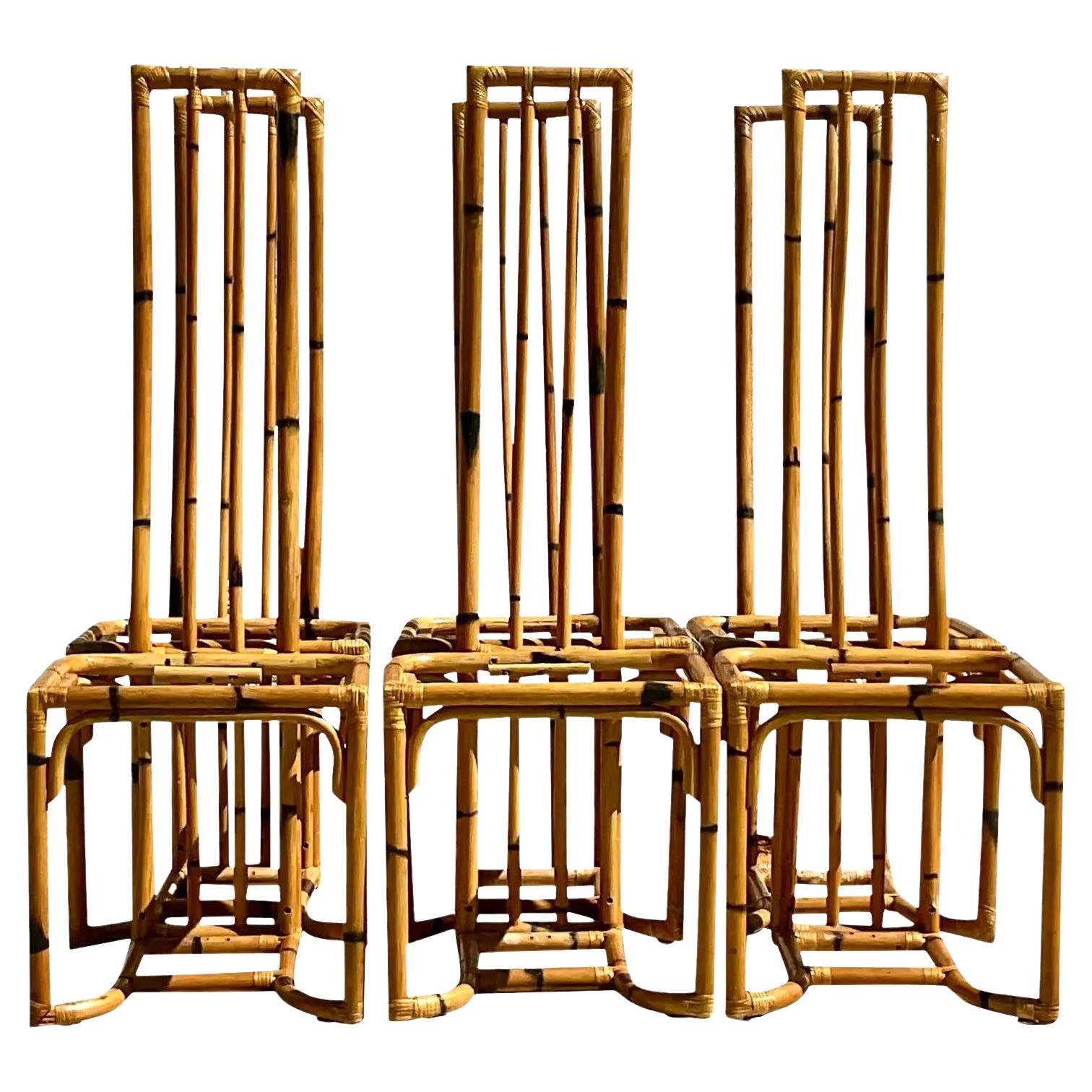 Vintage Coastal Bent Bamboo Dining Chairs - Set of 6
