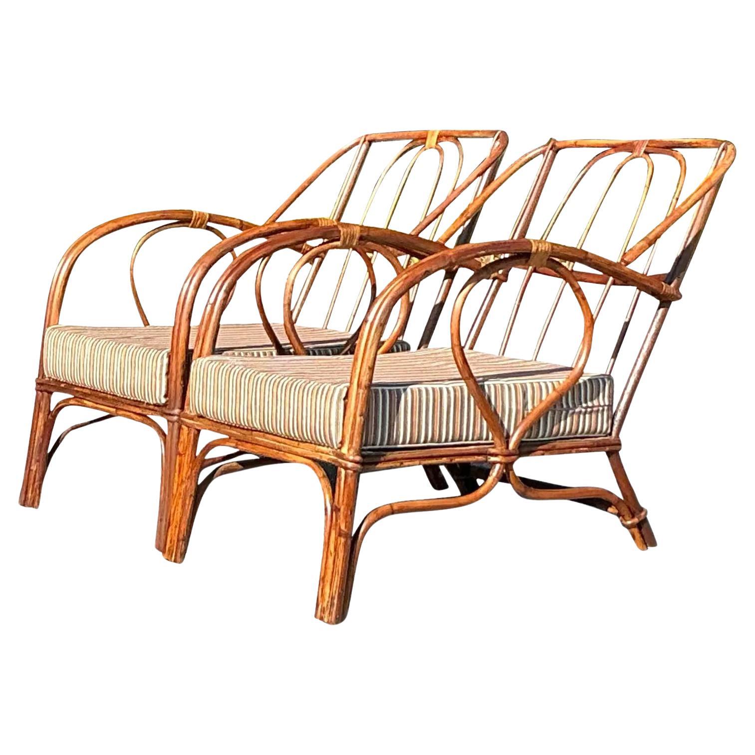 Vintage Coastal Bent Loop Rattan Lounge Stühle - ein Paar