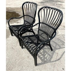 Vintage Coastal Bent Rattan Arch Lounge Chairs, Pair