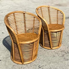 Vintage Coastal Bent Rattan Arm Chairs, a Pair