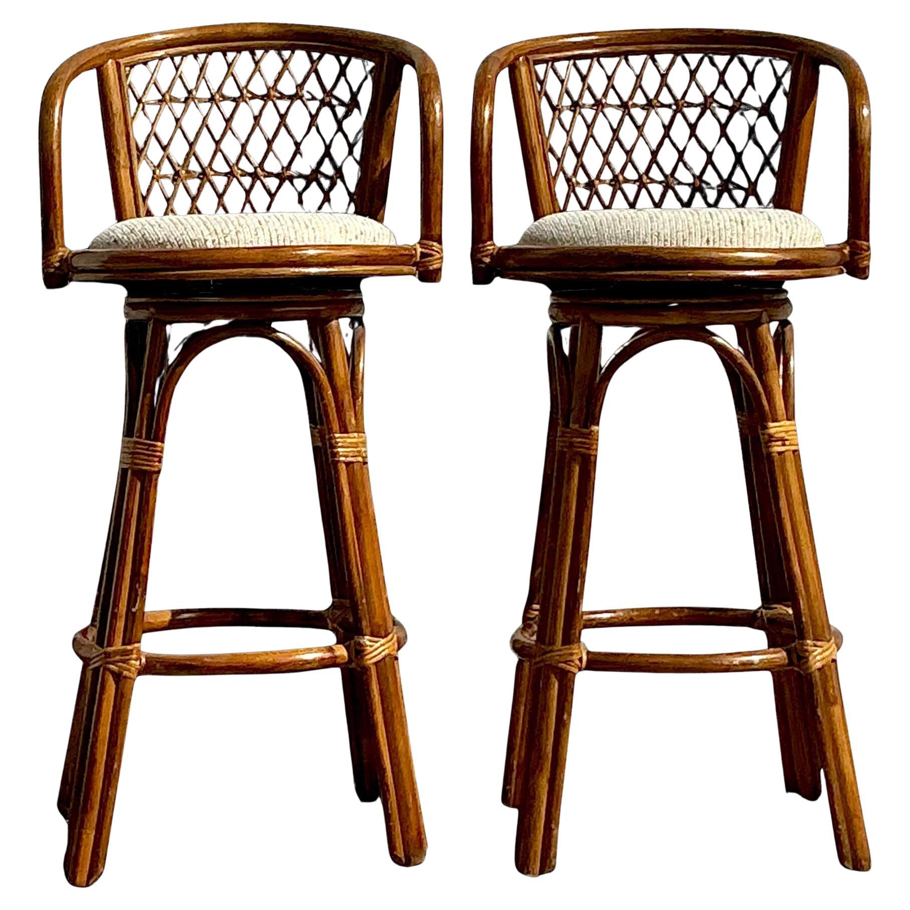 Vintage Coastal Woven Rattan Bar Stools - Set of 5 For Sale at 1stDibs