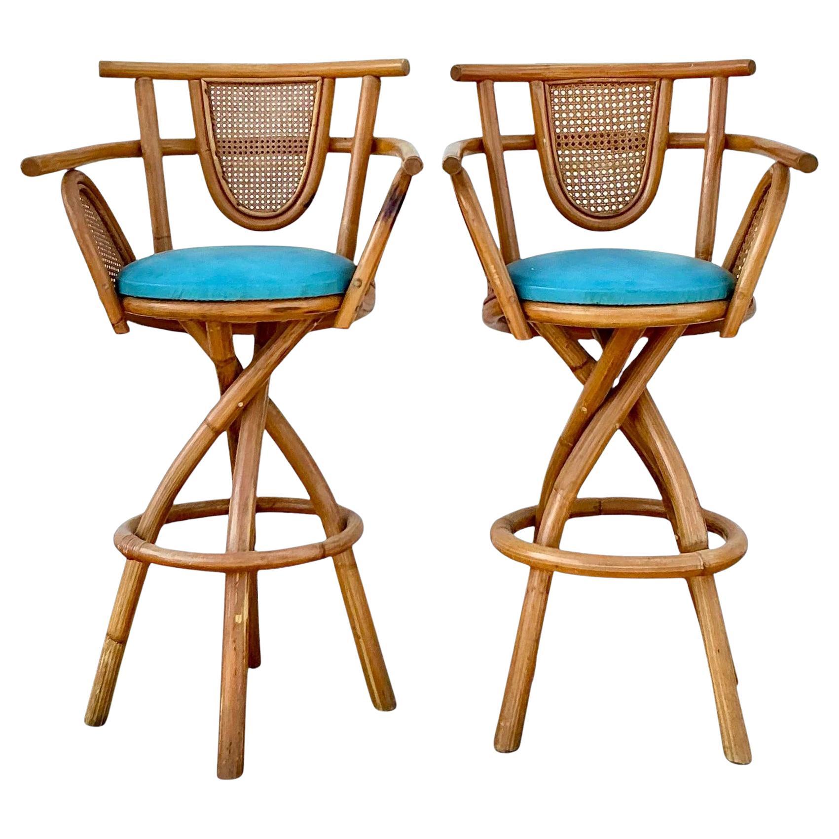 Vintage Coastal Bent Rattan Bar Stools- Set of 2