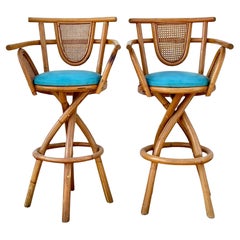 Vintage Coastal Bent Rattan Bar Stools- Set of 2