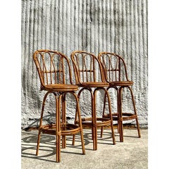 Vintage Coastal Bent Rattan Bar Stools - Set of 3