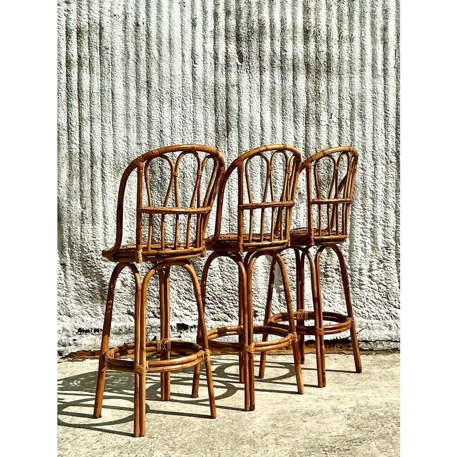 Philippine Vintage Coastal Bent Rattan Bar Stools - Set of 3 For Sale