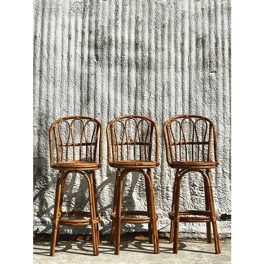 Vintage Coastal Bent Rattan Bar Stools - Set of 3 In Good Condition For Sale In west palm beach, FL
