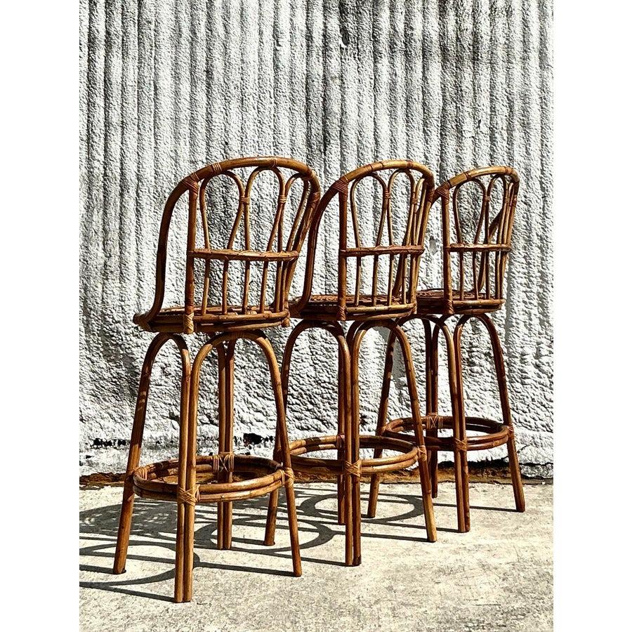 20th Century Vintage Coastal Bent Rattan Bar Stools - Set of 3 For Sale