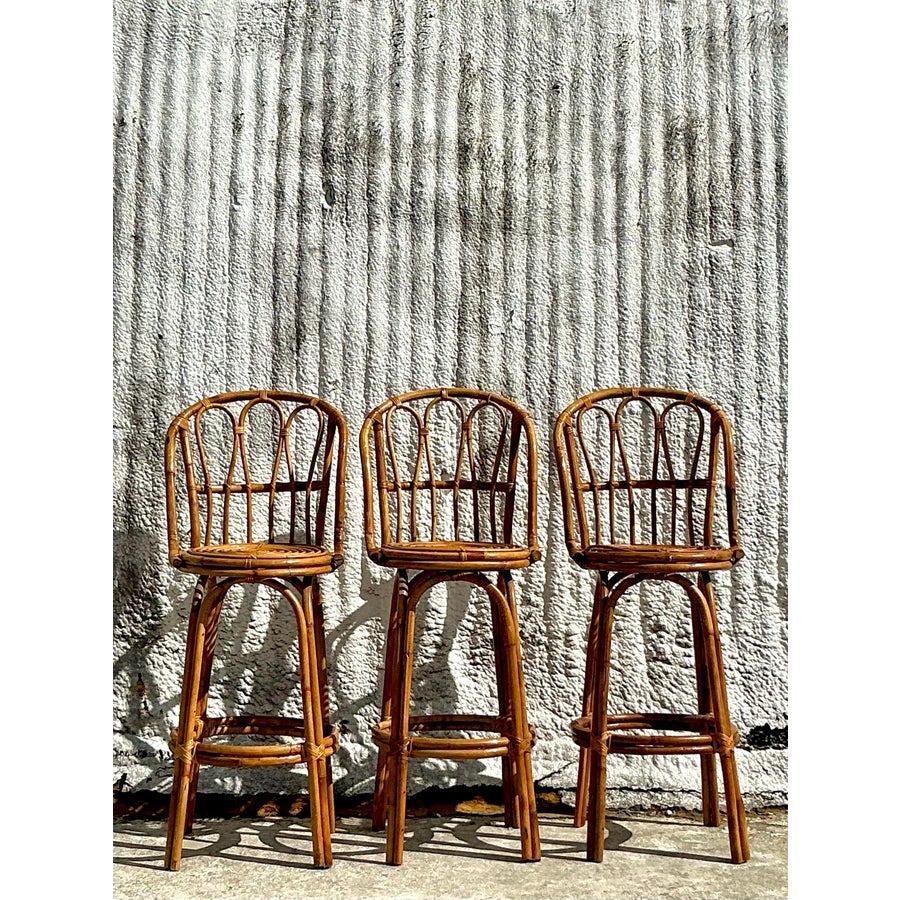 Vintage Coastal Bent Rattan Bar Stools - Set of 3 For Sale 1