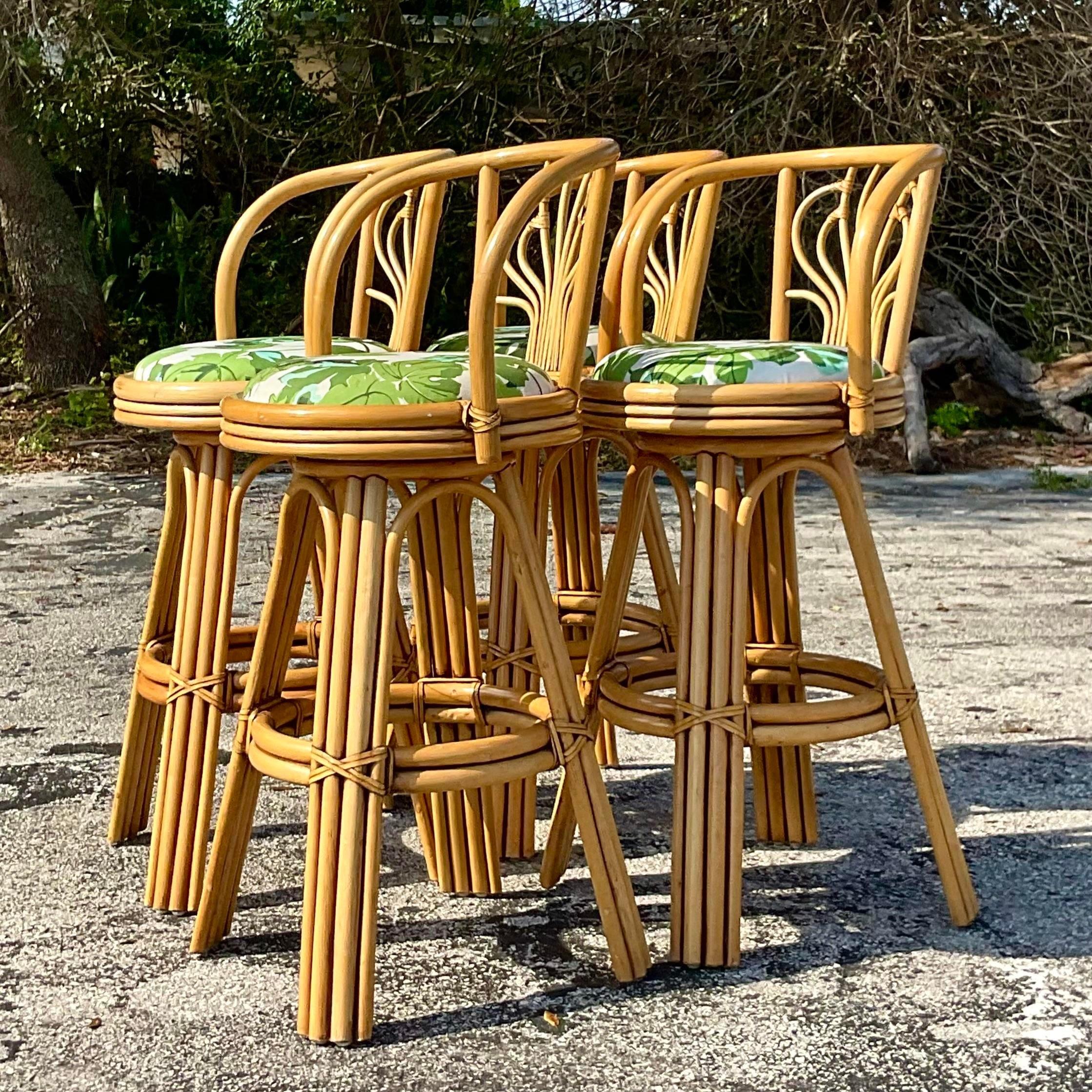 Vintage Coastal Bent Rattan Bar Stools - Set of 4 In Good Condition For Sale In west palm beach, FL