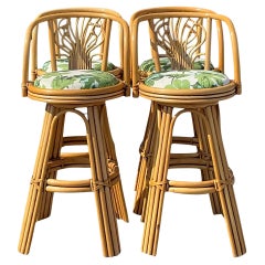 Used Coastal Bent Rattan Bar Stools - Set of 4