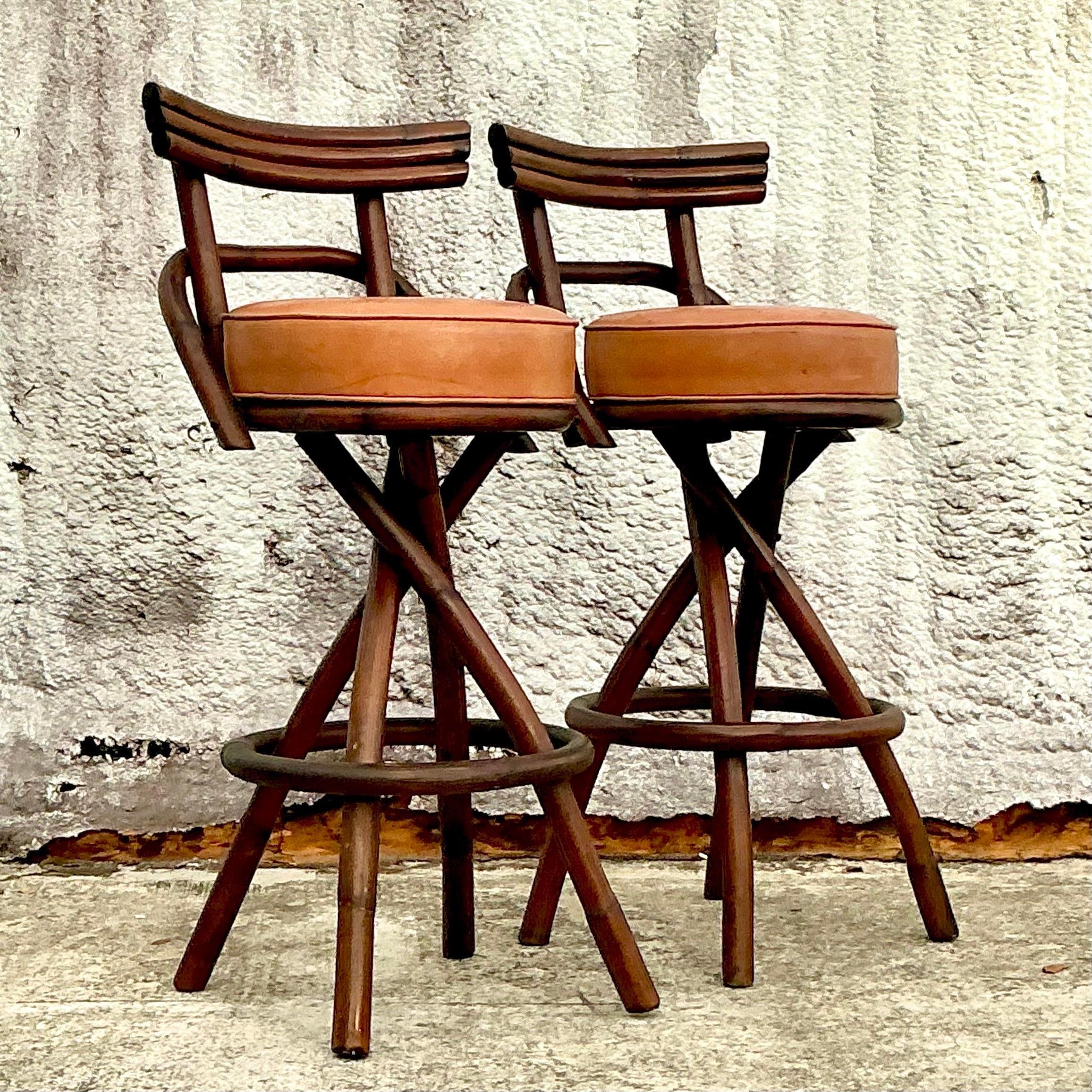 Philippine Vintage Coastal Bent Rattan Barstools - Set of 2 For Sale