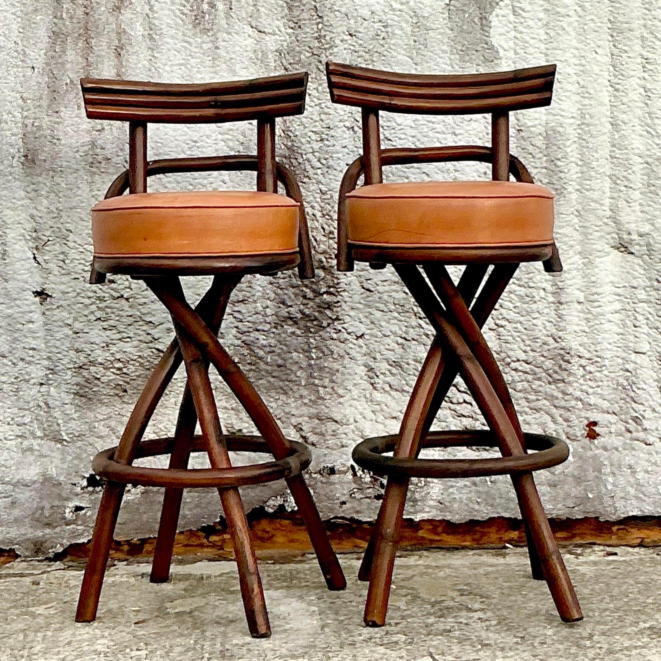 Vintage Coastal Bent Rattan Barstools - Set of 2 In Good Condition For Sale In west palm beach, FL