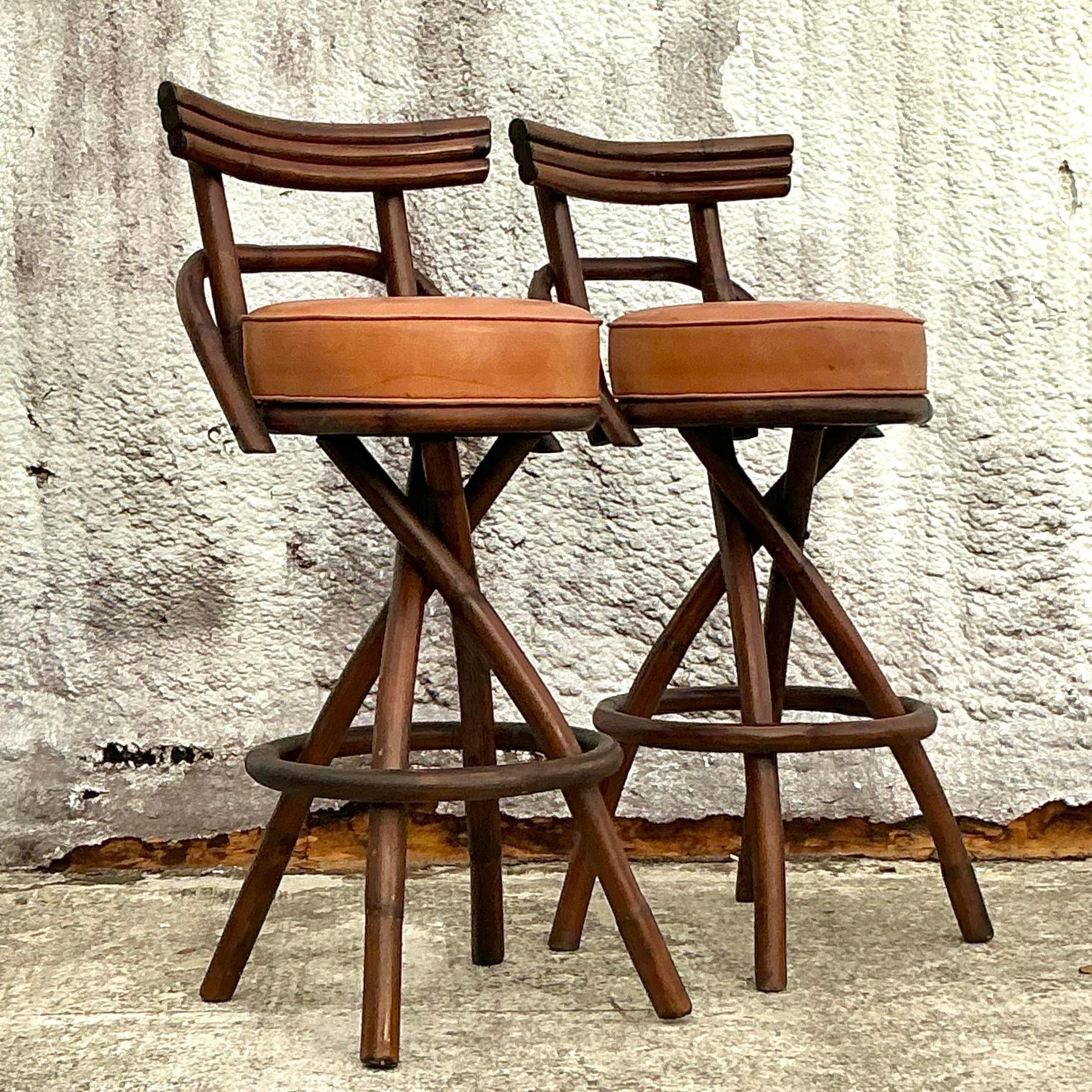 20th Century Vintage Coastal Bent Rattan Barstools - Set of 2 For Sale