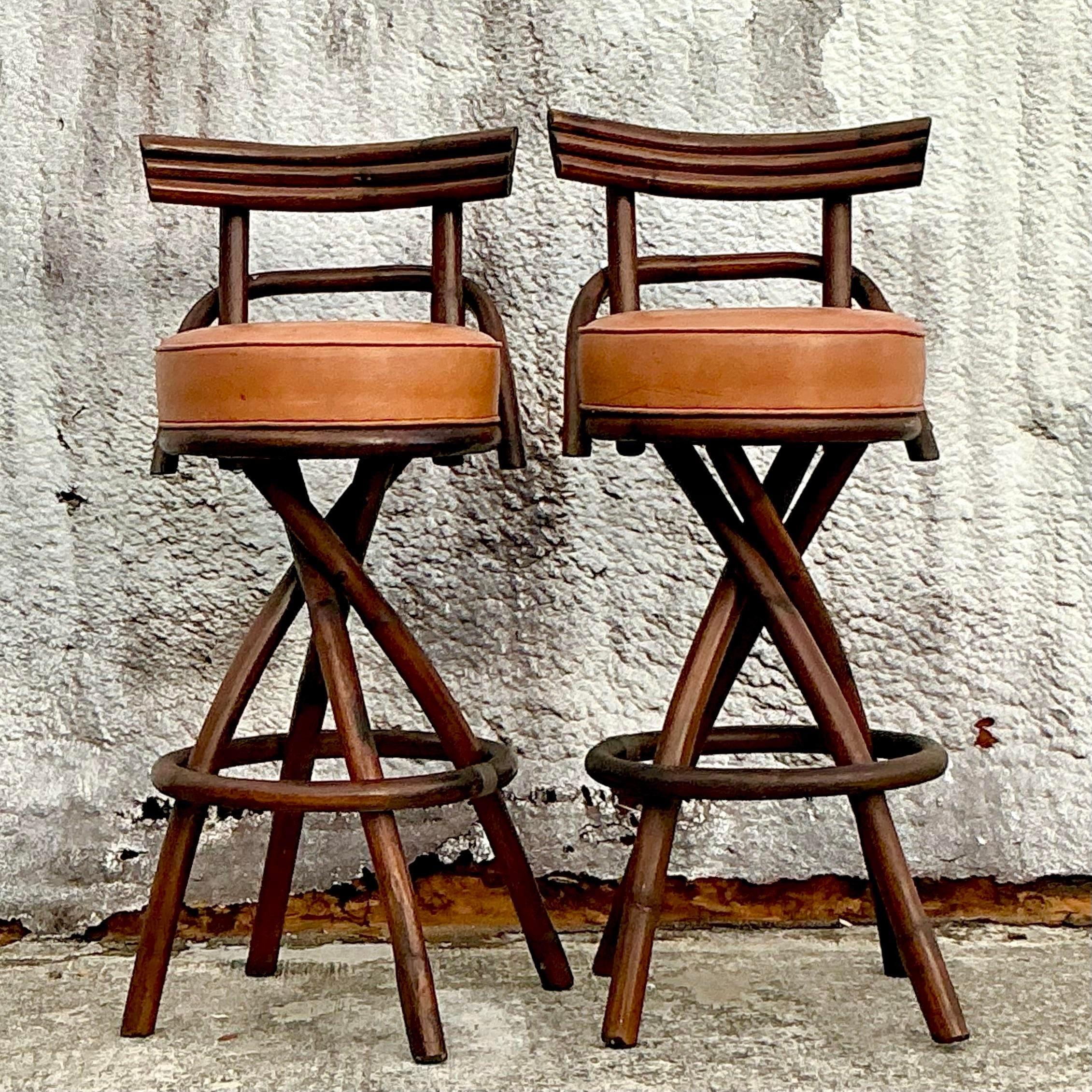 Upholstery Vintage Coastal Bent Rattan Barstools - Set of 2 For Sale