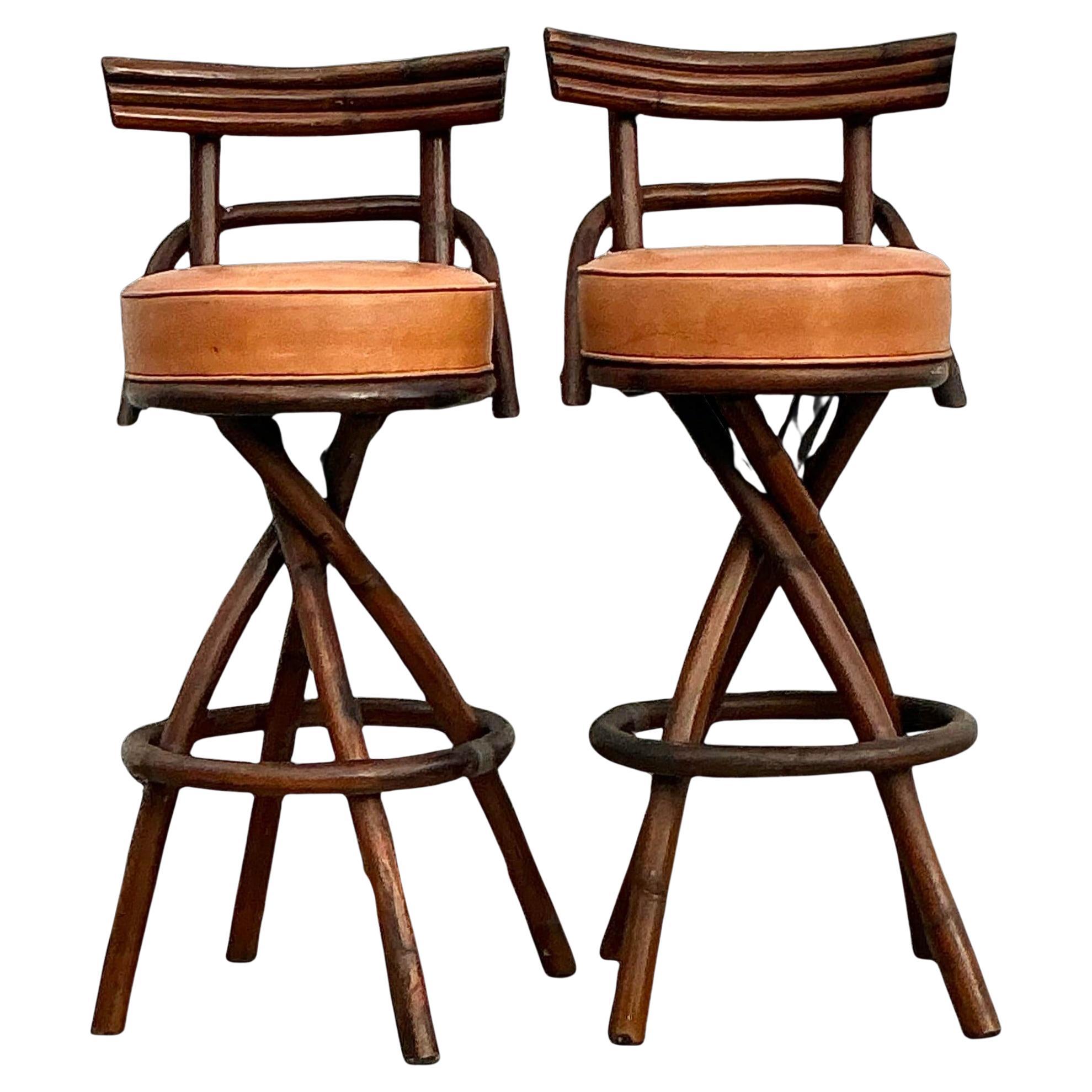 Vintage Coastal Bent Rattan Barstools - Set of 2