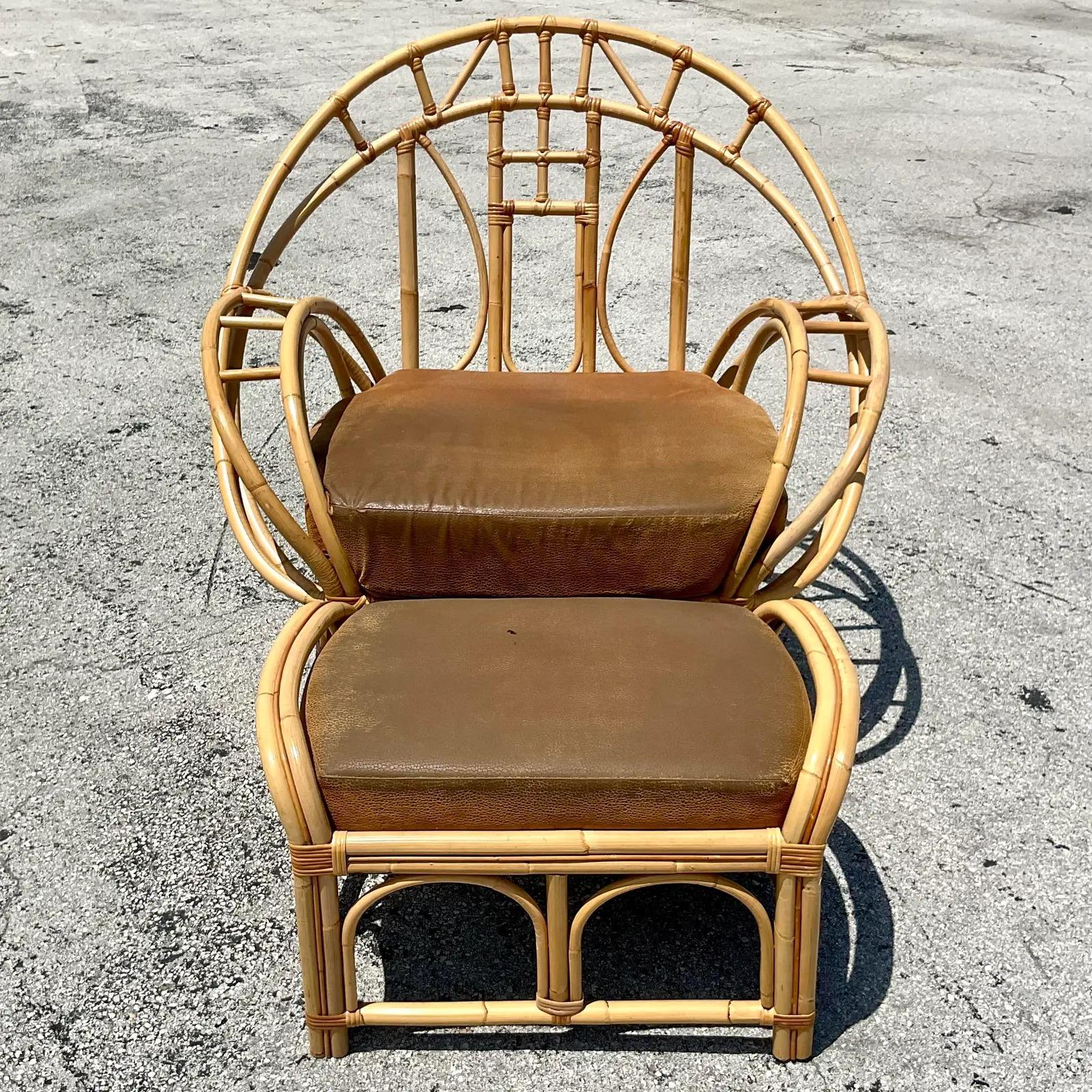 20th Century Vintage Coastal Bent Rattan Butterfly Chair and Ottoman After McGuire