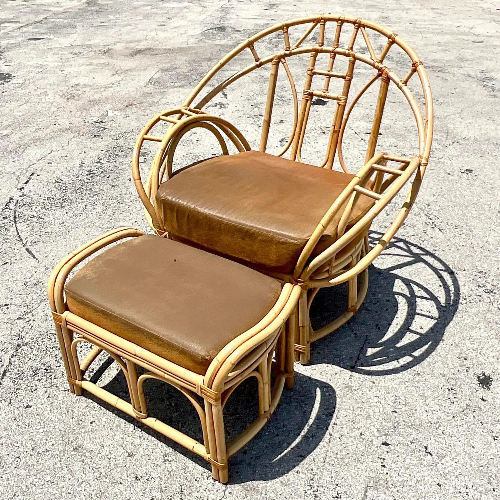 Vintage Coastal Bent Rattan Butterfly Chair and Ottoman After McGuire 1