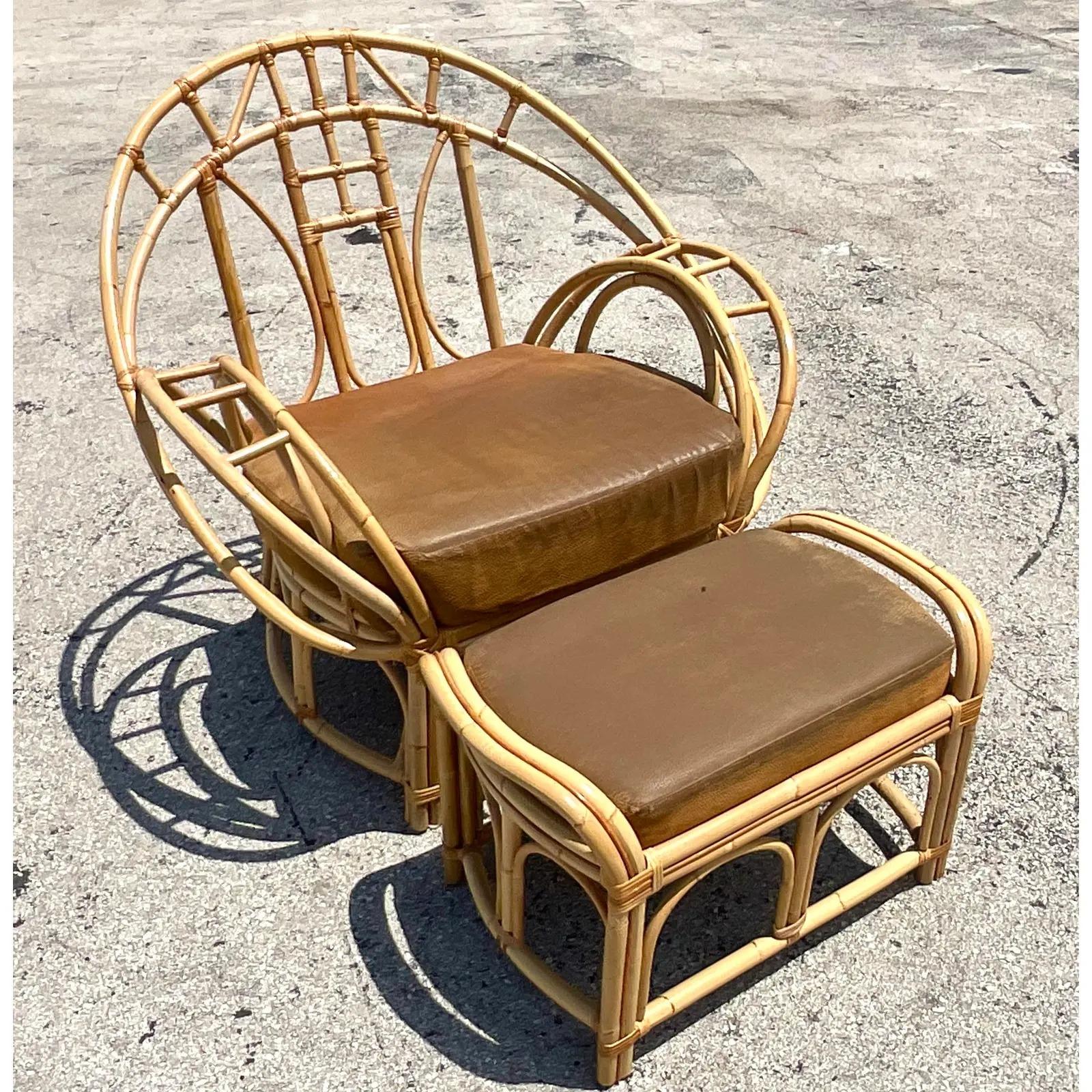 Vintage Coastal Bent Rattan Butterfly Chair and Ottoman After McGuire 3