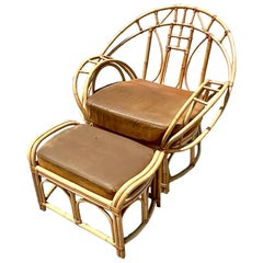 Vintage Coastal Bent Rattan Butterfly Chair and Ottoman After McGuire
