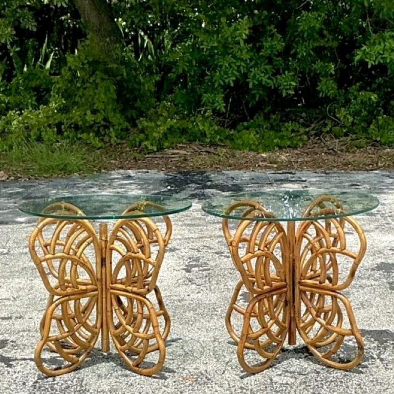 Philippine Vintage Coastal Bent Rattan Butterfly Side Tables - a Pair