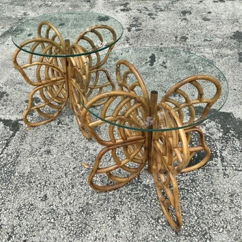 Vintage Coastal Bent Rattan Butterfly Side Tables - a Pair In Good Condition In West Palm Beach, FL