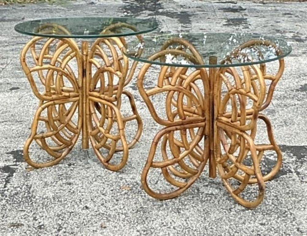 20th Century Vintage Coastal Bent Rattan Butterfly Side Tables - a Pair