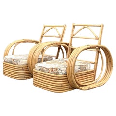 Vintage Kreis-Loungesessel aus gebogenem Rattan mit Coastal-Bezug - Ein Paar
