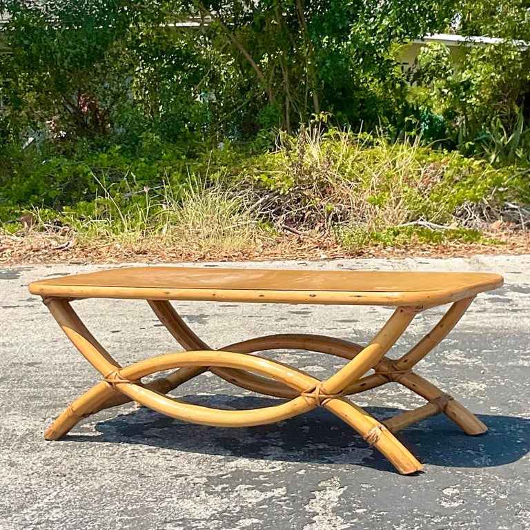 Vintage Coastal Bent Rattan Coffee Table For Sale at 1stDibs