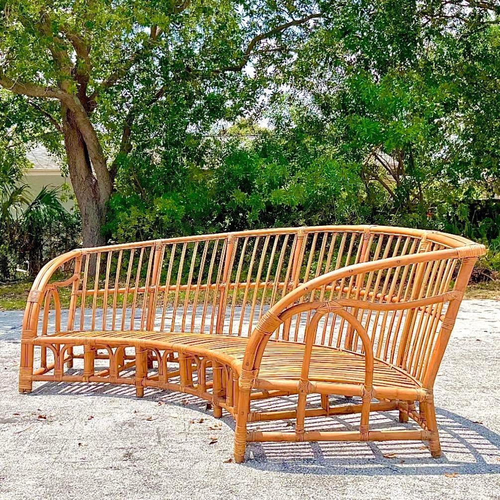 Vintage Coastal Bent Rattan Curved Sofa In Good Condition For Sale In west palm beach, FL