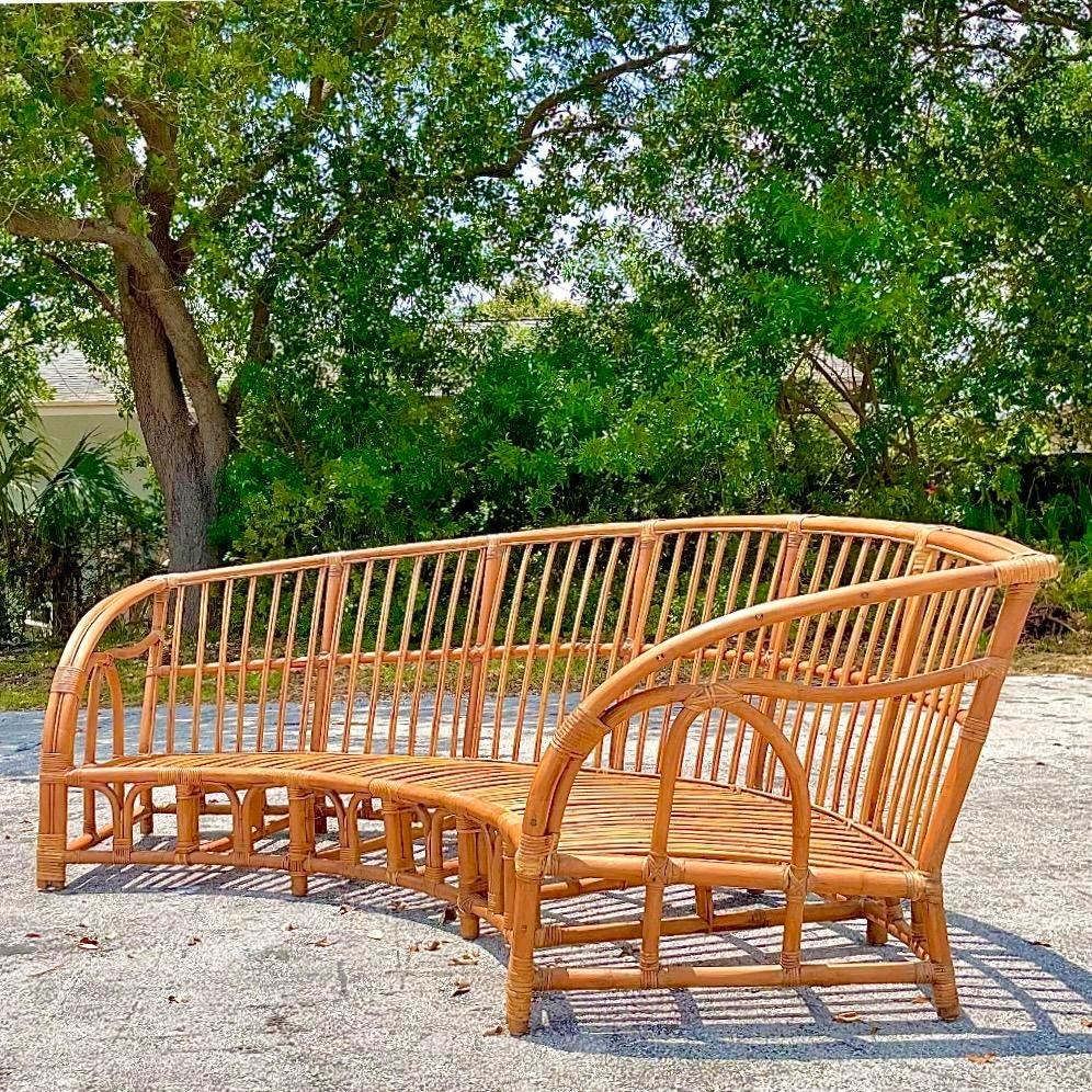 Vintage Coastal Bent Rattan Curved Sofa For Sale 2