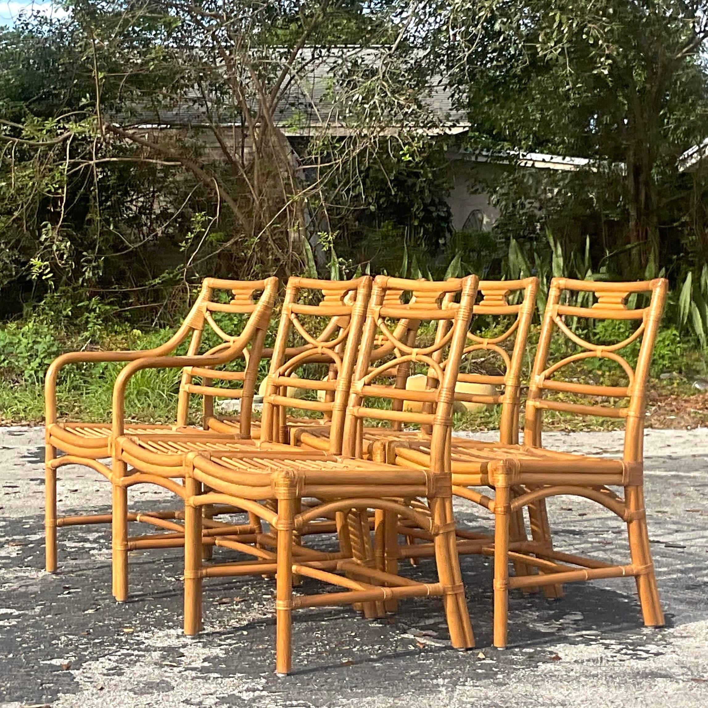 A fabulous set of six vintage Coastal dining chairs. Beautiful bent rattan done in the manner of McGuire. Two arm chairs and four side chairs. Acquired from a Palm Beach estate.

Arm chairs - 21.75x16.5x34