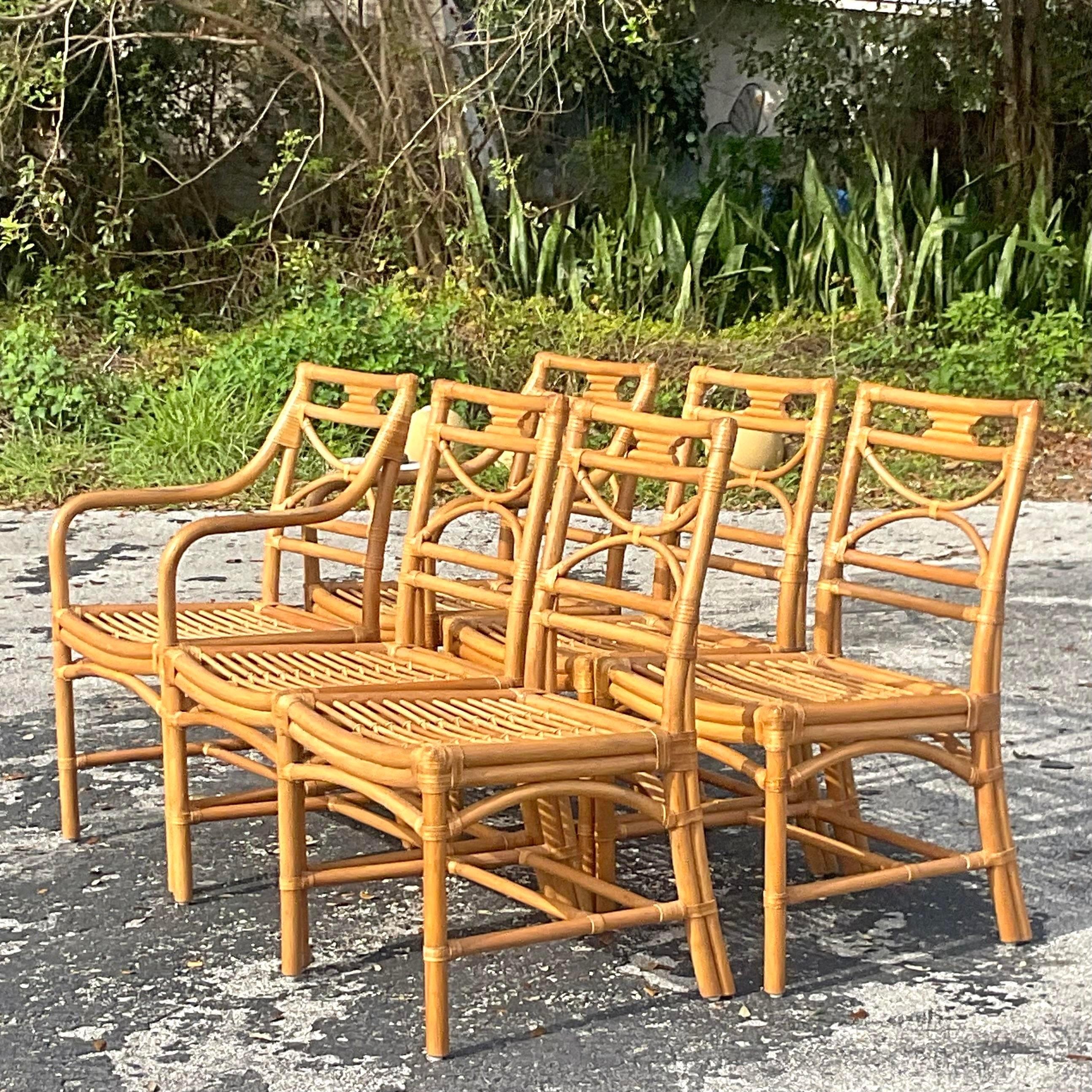 Philippine Vintage Coastal Bent Rattan Dining Chairs After McGuire - Set of 6