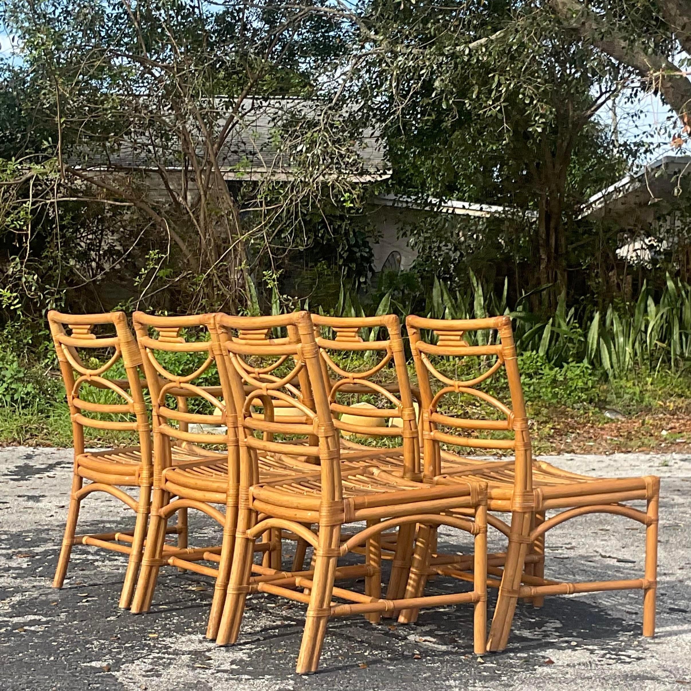 Vintage Coastal Bent Rattan Dining Chairs After McGuire - Set of 6 In Good Condition In west palm beach, FL