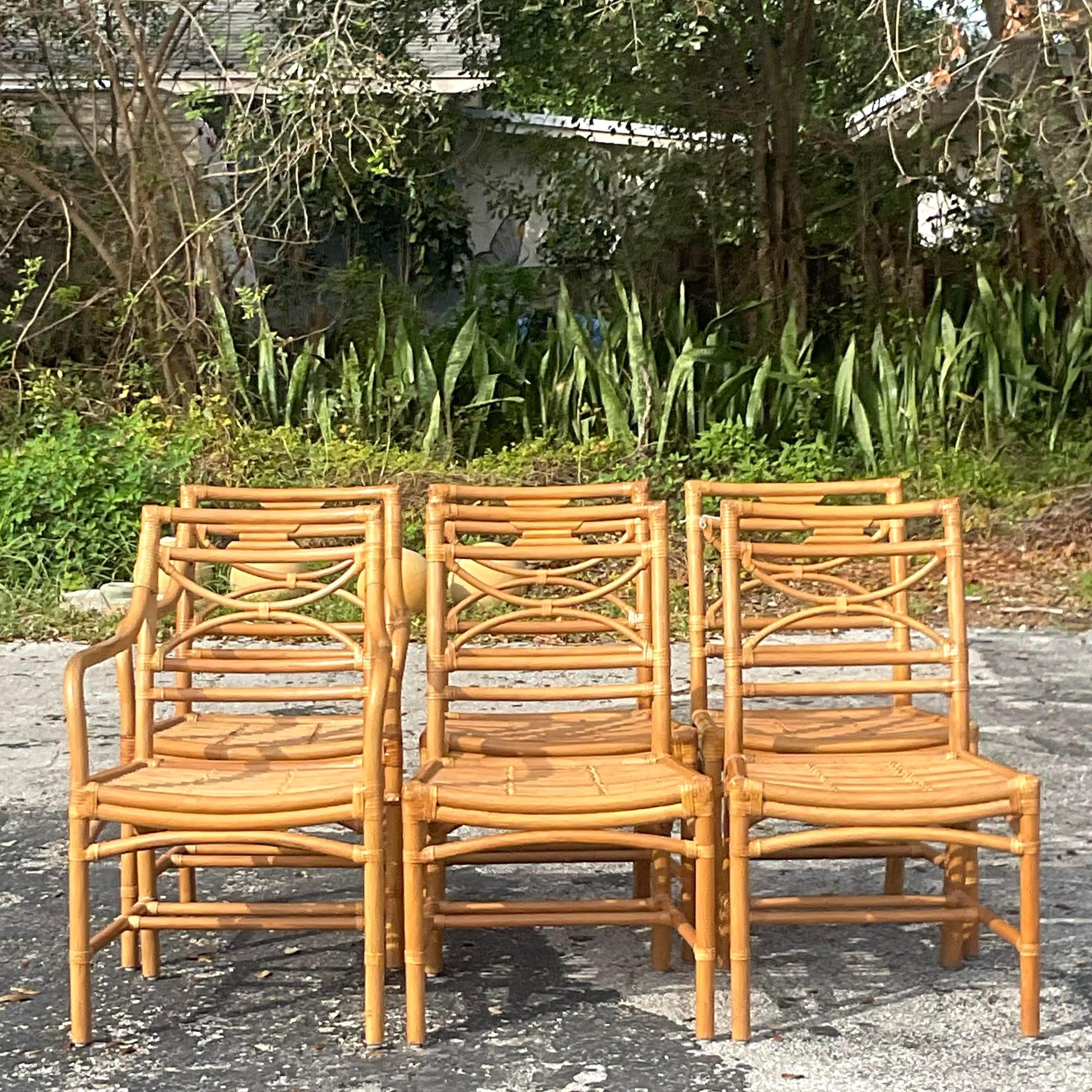20th Century Vintage Coastal Bent Rattan Dining Chairs After McGuire - Set of 6