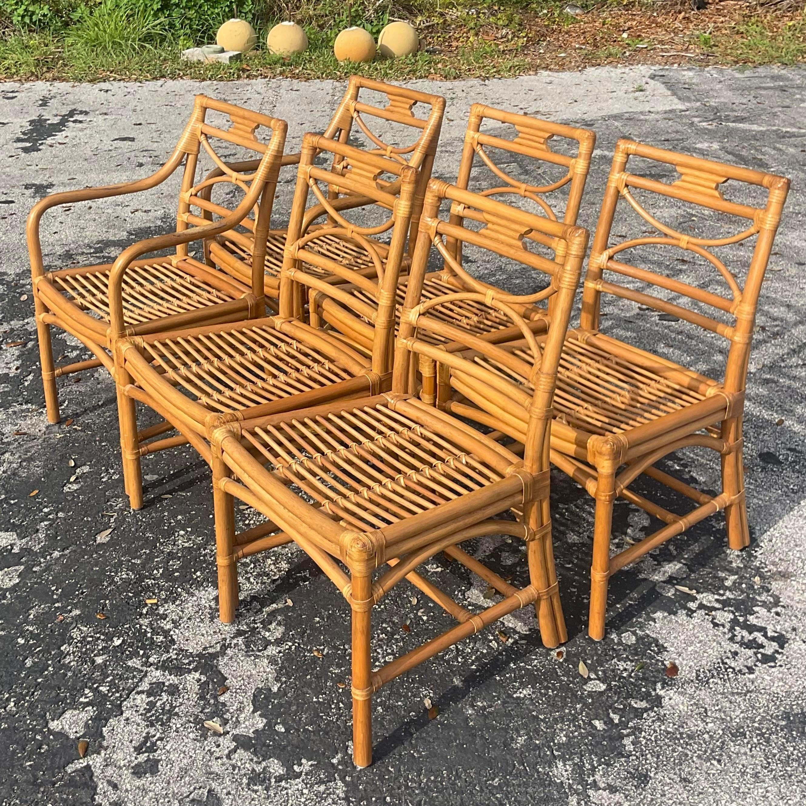 Vintage Coastal Bent Rattan Dining Chairs After McGuire - Set of 6 1