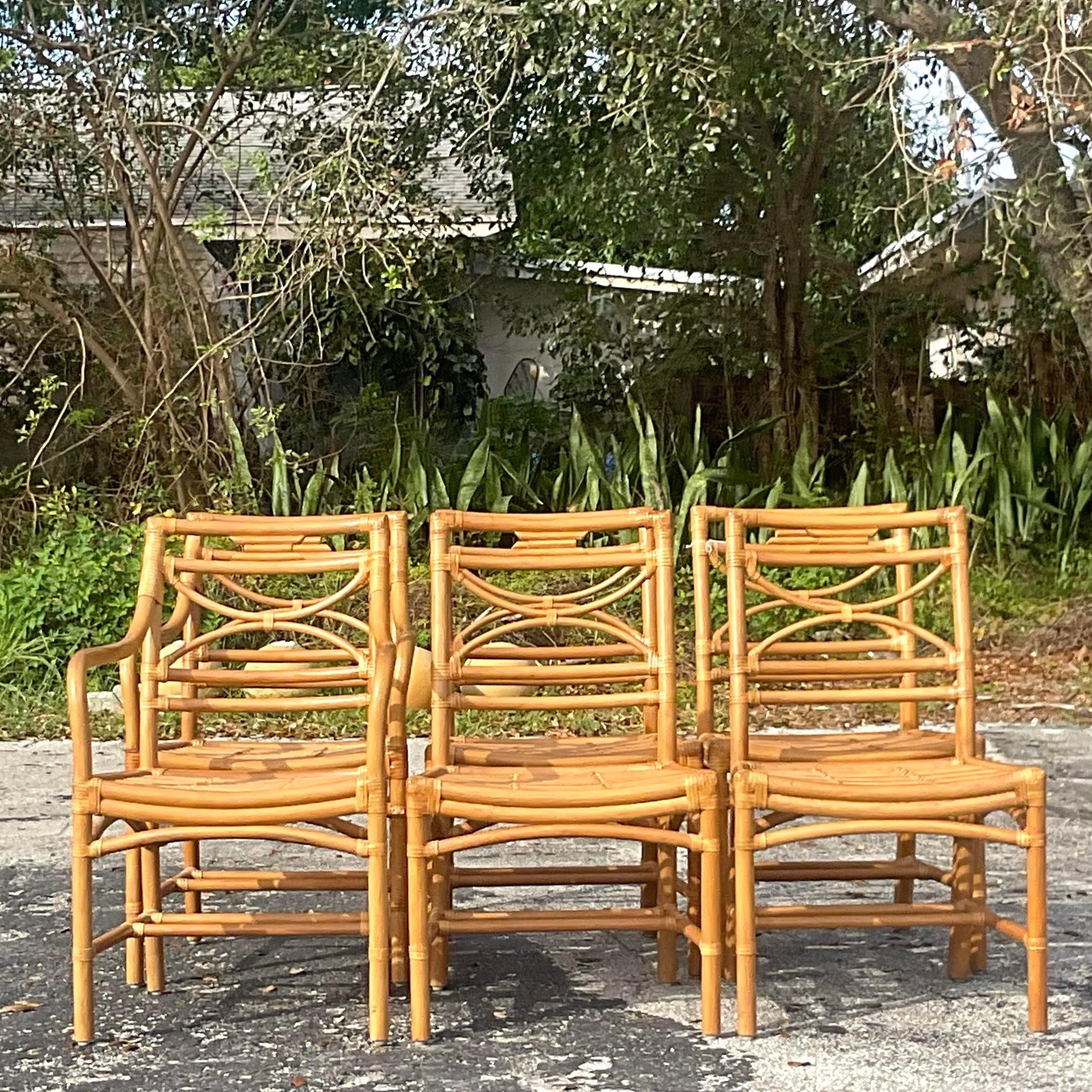 Vintage Coastal Bent Rattan Dining Chairs After McGuire - Set of 6 2