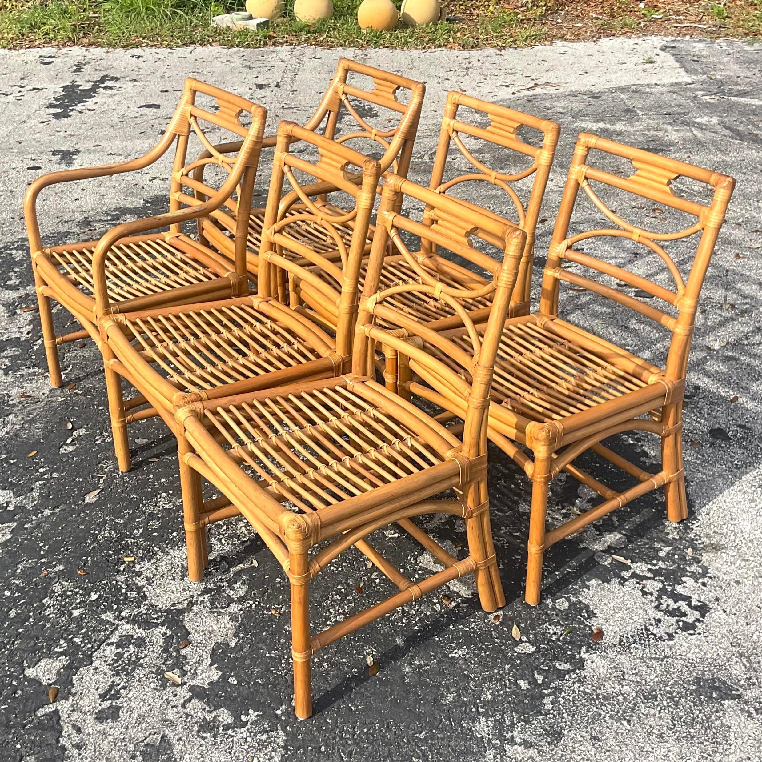 Vintage Coastal Bent Rattan Dining Chairs After McGuire - Set of 6 3