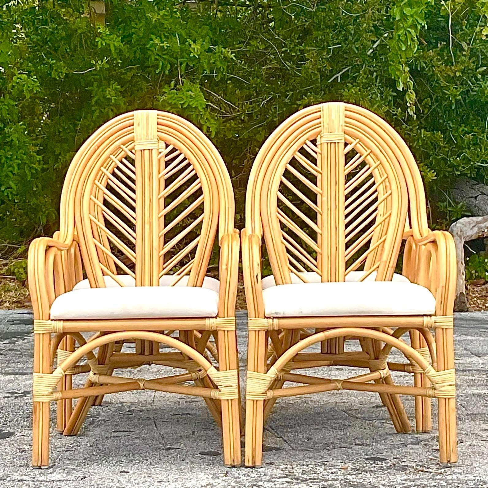Philippine Vintage Coastal Bent Rattan Dining Chairs - Set of 4 For Sale