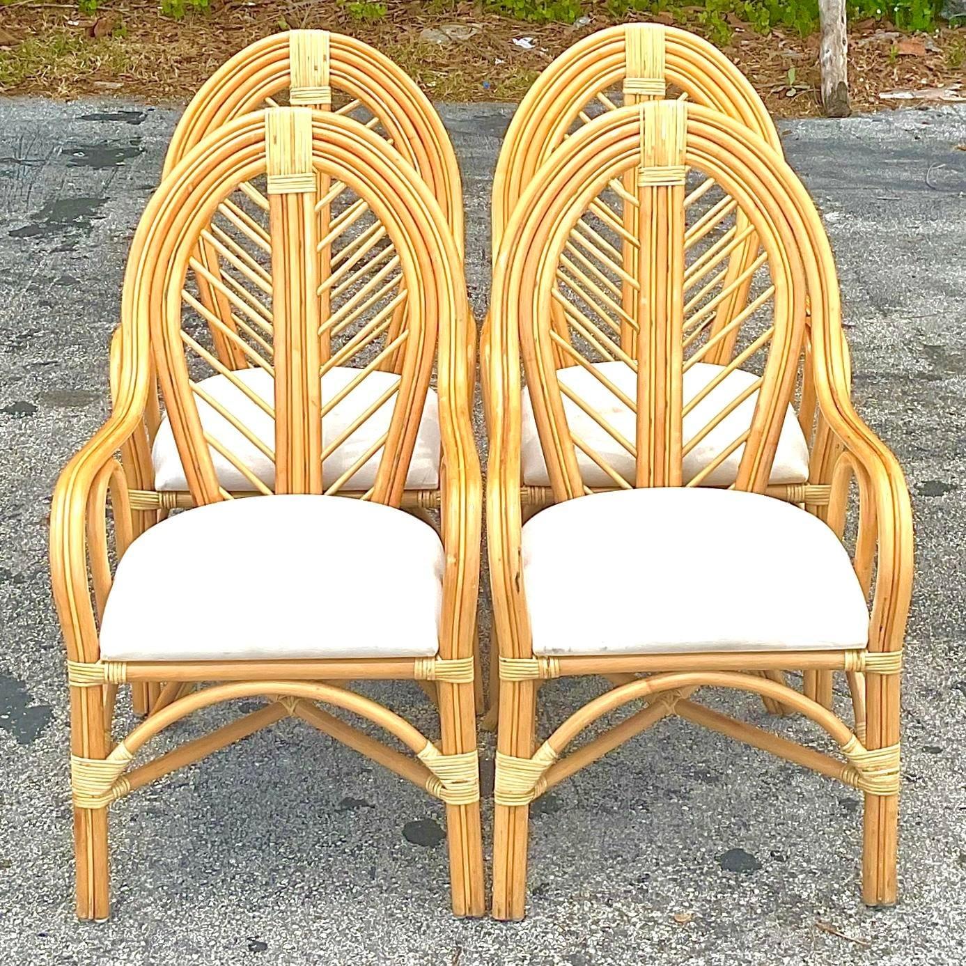 Vintage Coastal Bent Rattan Dining Chairs - Set of 4 In Good Condition For Sale In west palm beach, FL