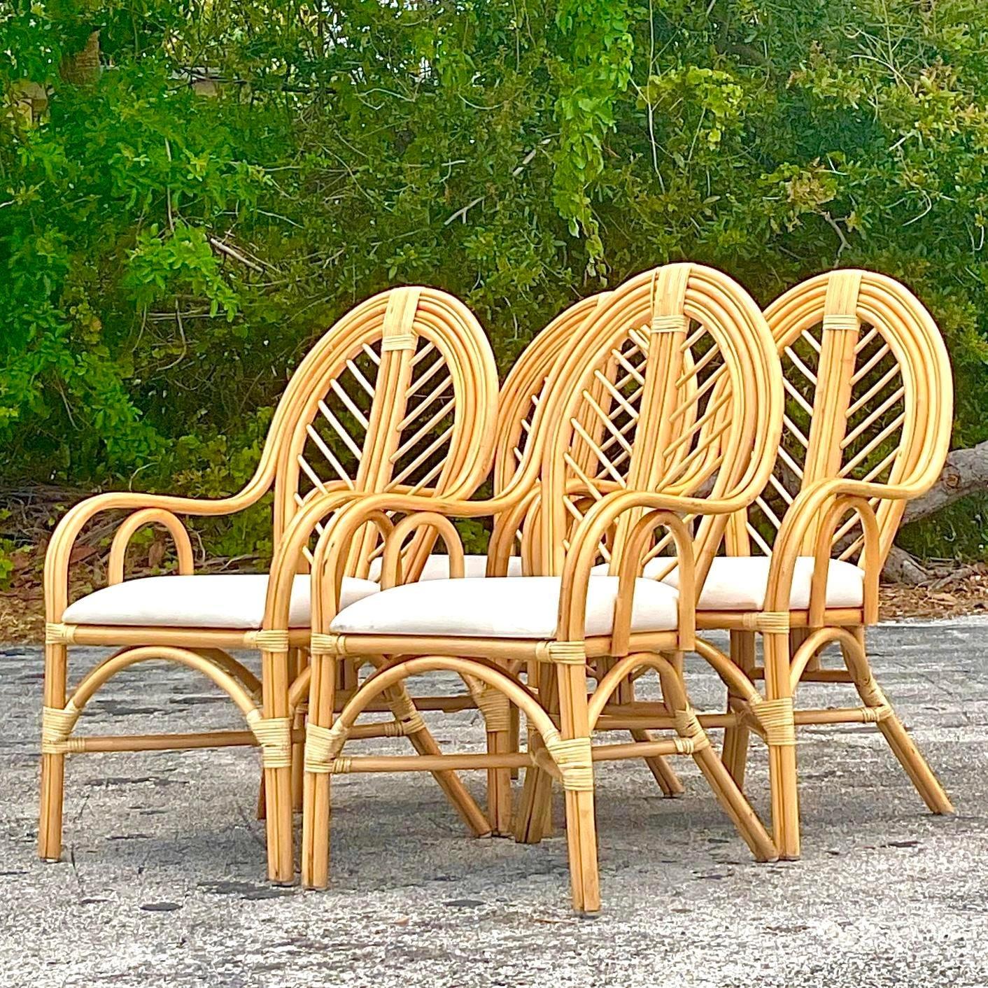 20th Century Vintage Coastal Bent Rattan Dining Chairs - Set of 4 For Sale