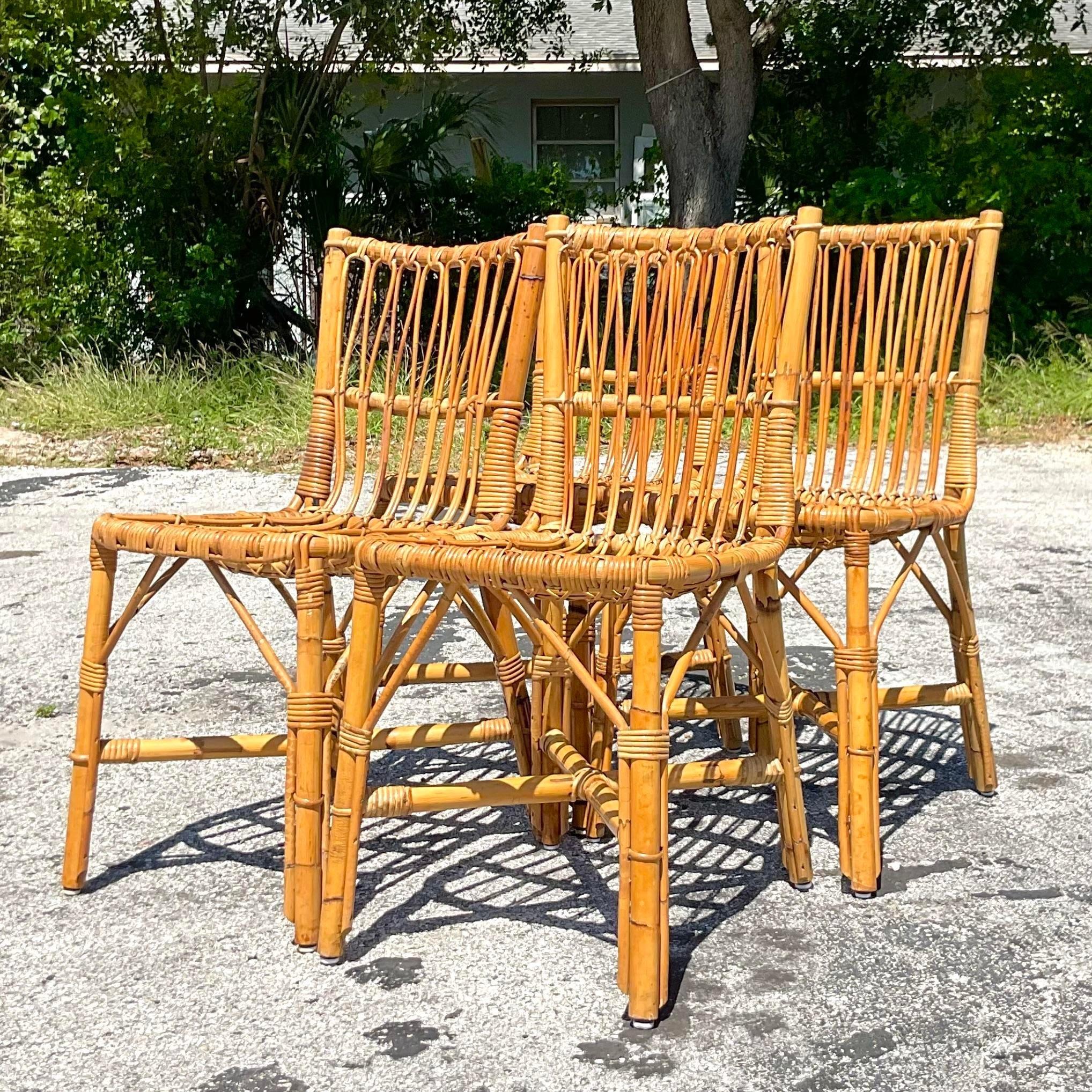 20th Century Vintage Coastal Bent Rattan Dining Chairs - Set of 4