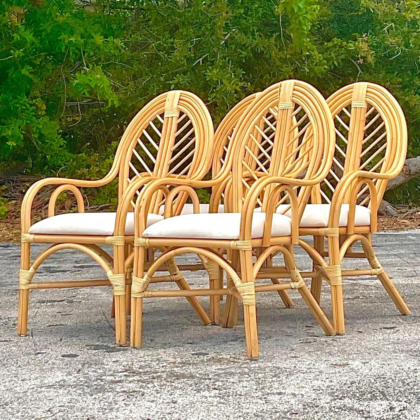 Upholstery Vintage Coastal Bent Rattan Dining Chairs - Set of 4 For Sale