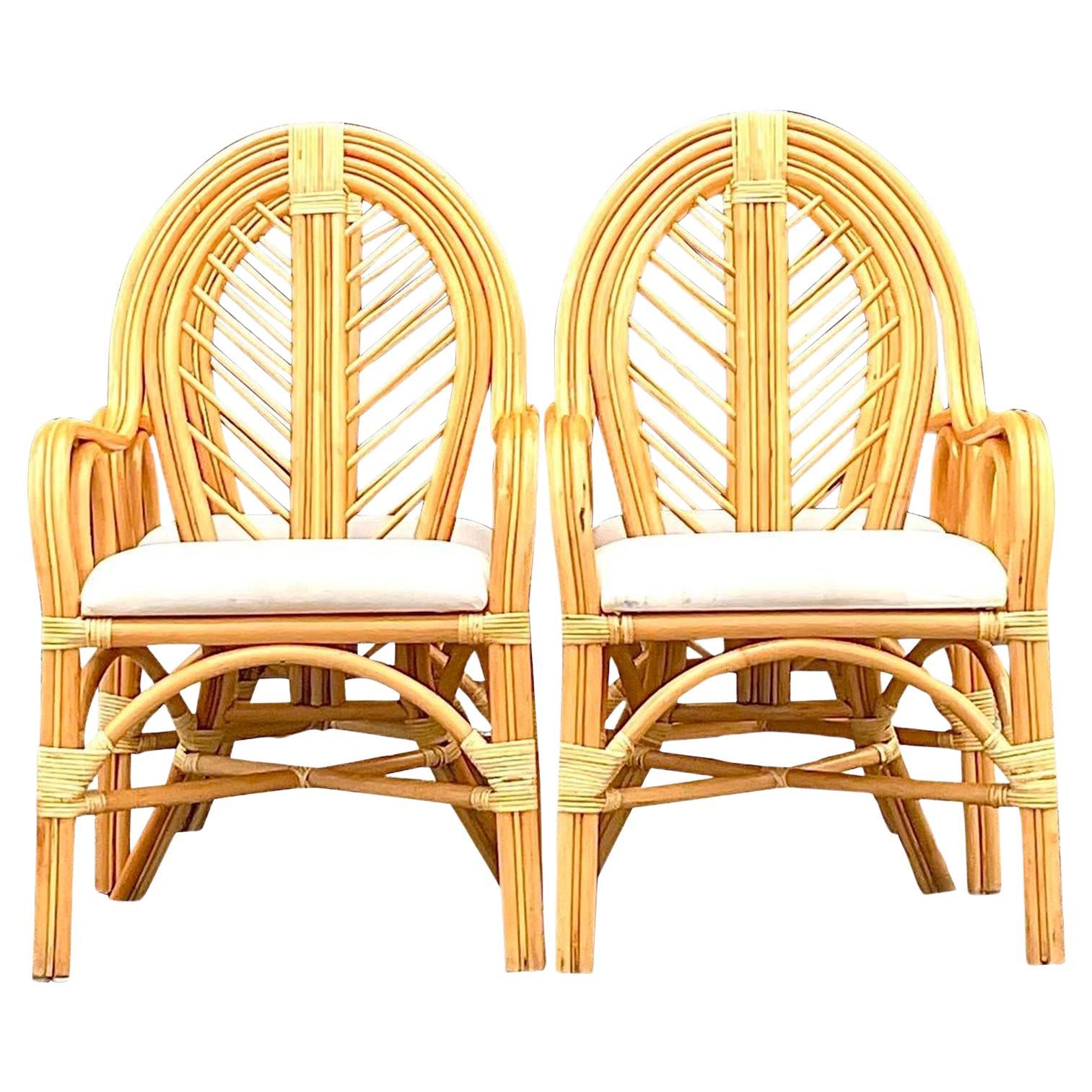 Vintage Coastal Bent Rattan Dining Chairs - Set of 4