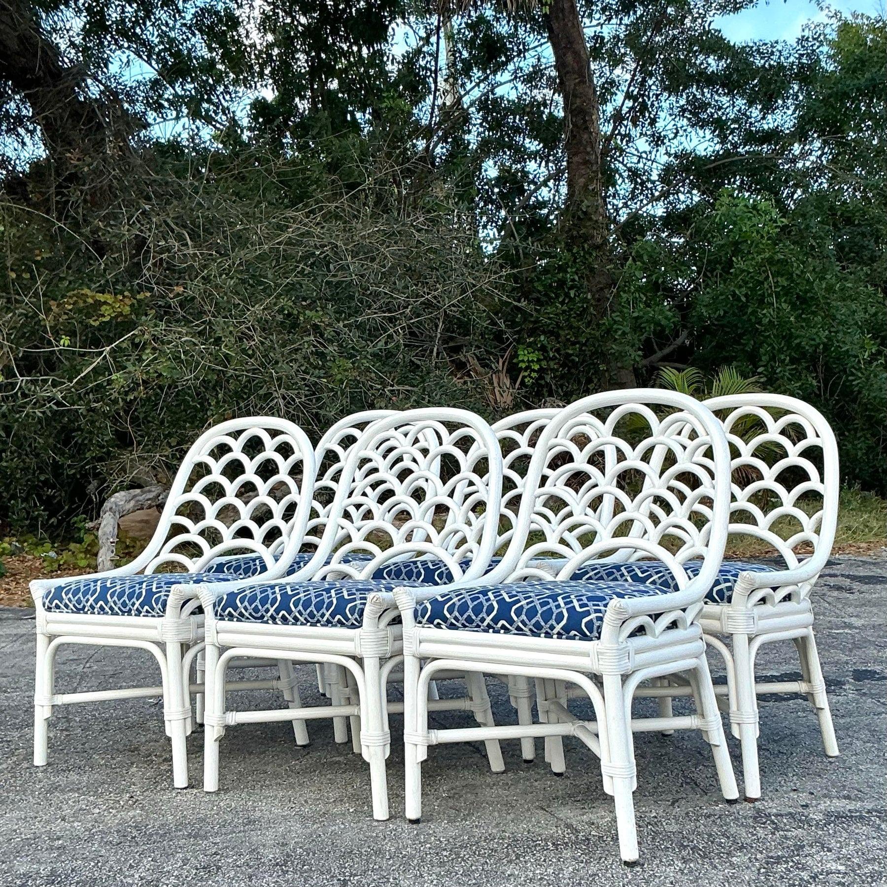 Vintage Coastal Bent Rattan Dining Chairs - Set of 6 In Good Condition In West Palm Beach, FL